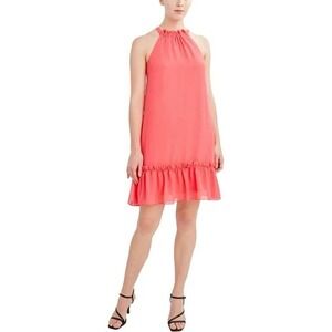 BCBG Paris Dress Women M Coral‎ Pink Halter Ruffle Neck Chiffon Shift Tie Back
